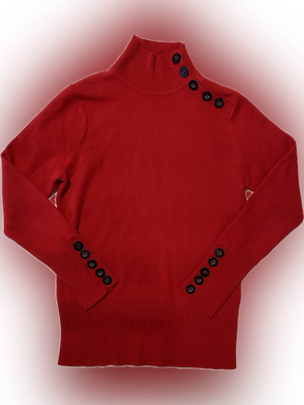 Anne Klein cashmere Red Long-Sleeve Turtleneck Sweater with Black Button Trim